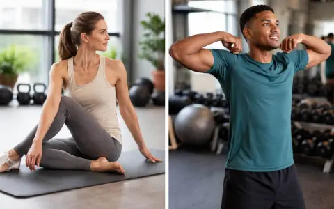 Mujer en yoga para movilidad articular piernas, hombre mostrando bíceps en gimnasio.