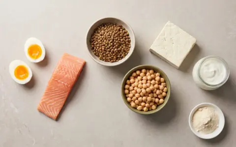 Huevos, salmón, lentejas, garbanzos, tofu, yogur y proteína en polvo. Variedad de alimentos para saber cuanta proteína consumir al día.