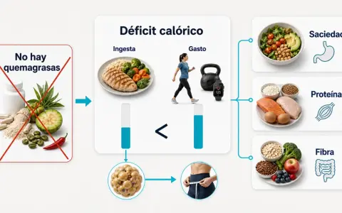 Ilustración sobre déficit calórico: menos ingesta que gasto, sin "quemagrasas", promoviendo saciedad, proteína y fibra para reducir grasa corporal.