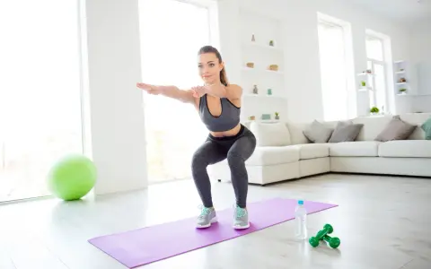 Mujer haciendo sentadillas, parte de sus ejercicios con tu propio peso en casa. A su lado, una esterilla, pesas y una botella de agua.