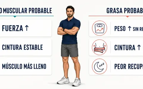 ¿Cómo saber si estoy ganando masa muscular o grasa? Señales: fuerza y músculo lleno vs. peso y cintura subiendo rápido.