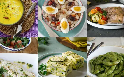 Collage de seis platos: sopa de arroz, ensalada de judías, carne con verduras, pescado al horno, lasaña de calabacín y edamame. Ideas para recetas saludables.