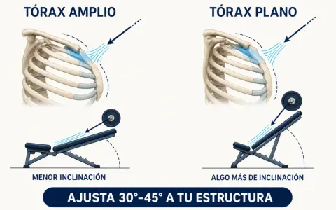 Press inclinado que trabaja con diferente inclinación para tórax amplio y plano. Ajusta el ángulo a tu estructura.