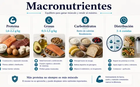 Guía de dieta para perder grasa y ganar masa muscular: proteínas, grasas, carbohidratos y distribución de comidas.