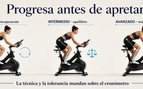 Mujer en bicicleta estática, mostrando progresión en tres niveles: inicial, intermedio y avanzado. Ejemplos de HIIT para mejorar resistencia.
