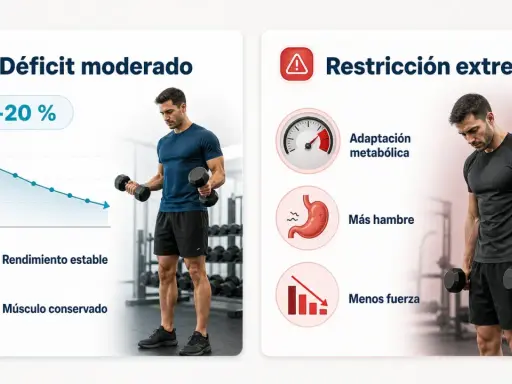 Comparativa: cómo hacer un déficit calórico moderado (10-20%) para rendimiento estable y músculo conservado, vs. restricción extrema con adaptación metabólica, más hambre y menos fuerza.