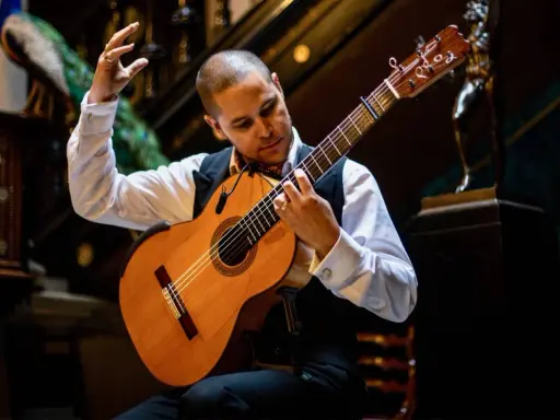 Un guitarrista flamenco interpreta las mejores letras, con pasión y arte, mientras un pavo real observa atentamente.
