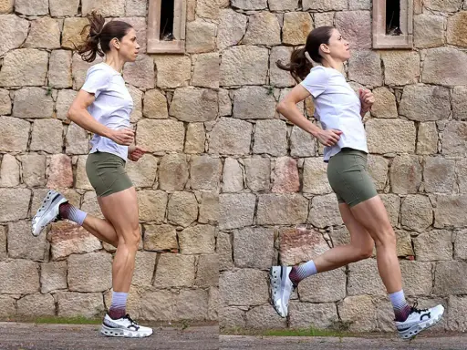 Mujer corriendo a toda velocidad contra un muro de piedra. Su cuerpo muestra la potencia y el dinamismo del correr.