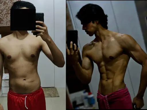 Transformación: antes, un cuerpo con poca definición; después, una impresionante recomposición corporal con músculos marcados.