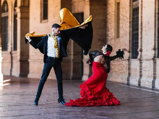 Pareja bailando flamenco con pasión. Él, con capa negra y dorada, ella, con vestido rojo voluminoso. Un jaleo flamenco lleno de arte.