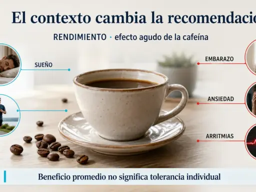 Taza de café junto a granos, con imágenes de un corredor, un hombre durmiendo y una mujer embarazada. El café antes de entrenar puede mejorar el rendimiento.