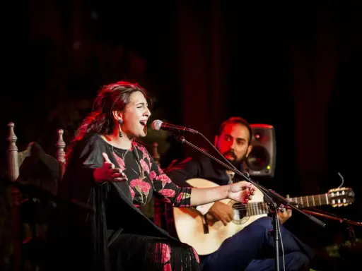 Cantante de flamenco actual, con vestido floral, canta apasionadamente mientras un guitarrista la acompaña.