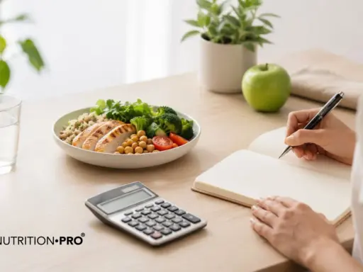 Calculadora y plato de comida saludable junto a una persona anotando en un cuaderno, para saber cuantas calorias necesito.