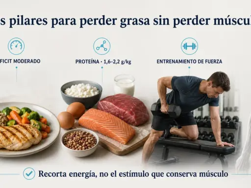 Comida para marcar abdominales: pollo, salmón, carne, huevos, lácteos y frutos secos. Combinado con déficit moderado y entrenamiento de fuerza.