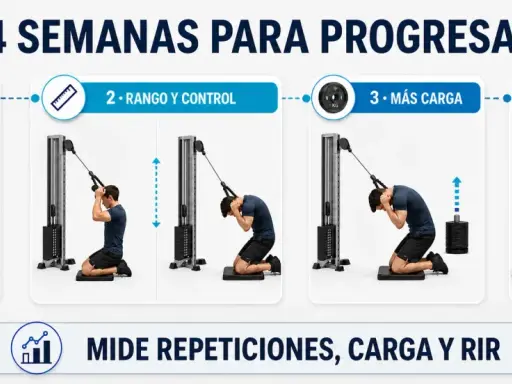 Progresión de 4 semanas para abdominales superiores con polea. Mejora técnica, rango, control, carga y consolida.