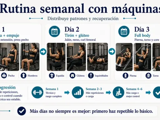 Rutina semanal con máquinas: Día 1 (pierna/empuje), Día 2 (tirón/glúteo), Día 3 (full body). Una mujer realiza ejercicios de pesas.