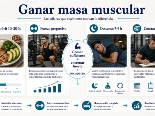 Claves para ganar masa muscular: superávit calórico, entrenamiento de fuerza, descanso y constancia.