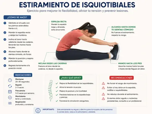 Mujer realizando estiramiento de espalda, tocando sus pies con las manos.