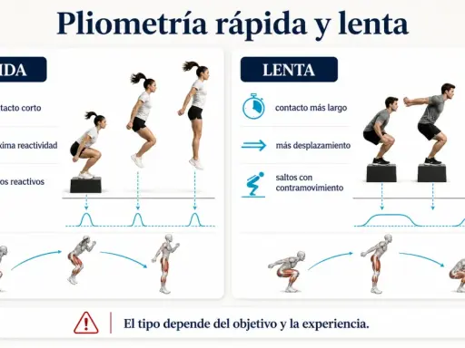 Demuestra la pliometría rápida y lenta, explicando para qué sirve la pliometría: mejorar contacto, reactividad y desplazamientos.
