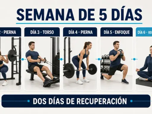 Rutina para perder peso: 5 días de entrenamiento (torso, pierna, torso, pierna, enfoque) y 2 días de recuperación activa y descanso.