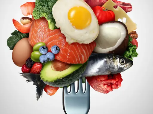 Un tenedor carga una variedad de alimentos saludables, incluyendo salmón, aguacate, huevo, bayas y verduras bajas en carbohidratos, ideal para una dieta equilibrada.