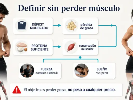 Hombre con cuerpo gym, diagrama sobre cómo definir músculo: déficit moderado, proteína, fuerza y sueño.