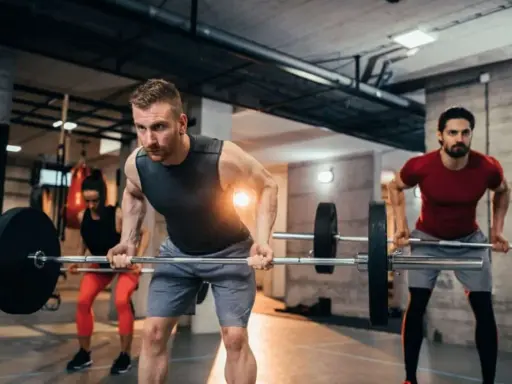Hombres y mujeres realizando ejercicios de espalda en el gym con barras.