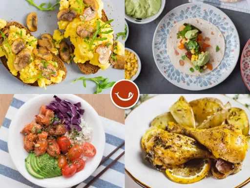 Cuatro opciones de menús diarios saludables: tostadas con huevo y champiñones, tacos, poke bowl y pollo asado con patatas y limón.