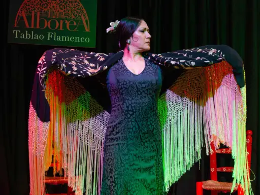 Una bailaora flamenca, con un mantón bordado y flecos de colores, se prepara para su actuación en el tablao Alborea.