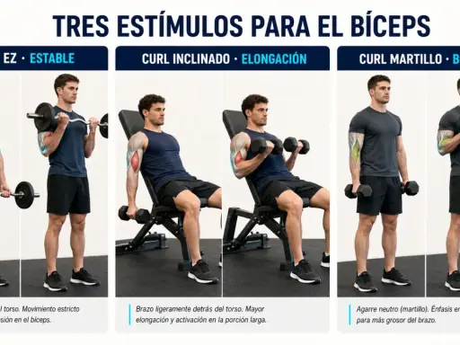 Hombre realizando curl con barra, curl inclinado y curl martillo para estimular el bíceps.
