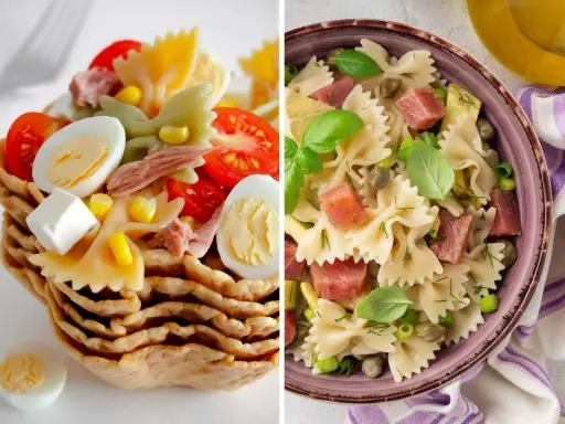 Dos ensaladas de pasta saludable con farfalle, atún, huevo duro, tomate y maíz, una servida en cesta crujiente.