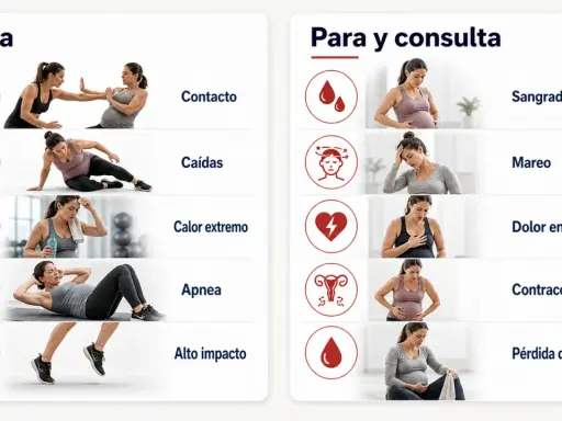 Guía de ejercicios para embarazadas: evita contacto, caídas, calor extremo, apnea y alto impacto. Consulta si hay sangrado, mareo, dolor de pecho, contracciones o pérdida de líquido.