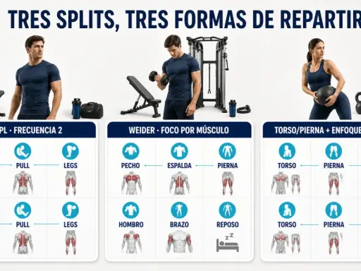 Infografía con tres rutinas de entrenamiento: PPL, Weider y Torso/Pierna. Ofrece consejos deportivos para optimizar tu rutina.