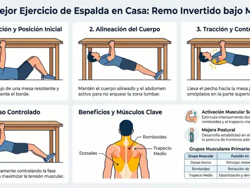 Ilustración de ejercicios de espalda en casa: remo invertido bajo mesa. Muestra preparación, alineación, tracción y descenso controlado.