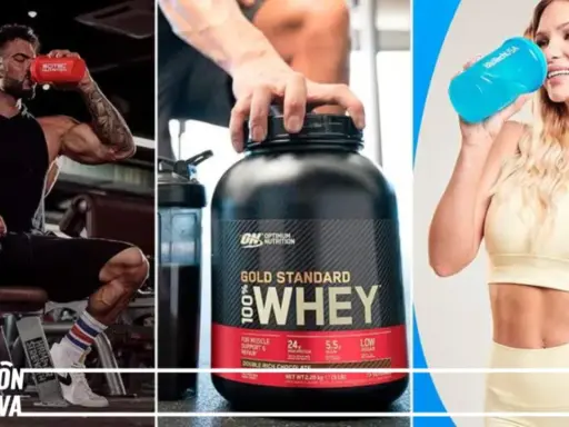 Hombres y mujeres consumiendo proteína antes o después de entrenar. Un hombre musculoso bebe de un shaker, un bote de proteína whey y una mujer bebe de un shaker azul.