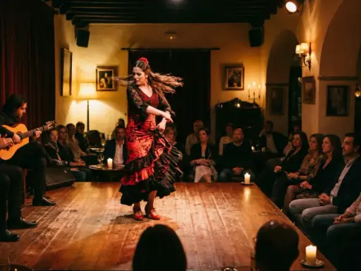 Una bailaora de flamenco en vivo, con un vestido rojo y negro, gira en un escenario de madera. Dos guitarristas la acompañan mientras el público observa.