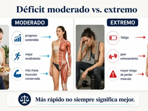 Comparación de cómo definir el cuerpo mujer: moderado (progreso sostenible, mejor rendimiento, más masa muscular) vs. extremo (fatiga, peor entrenamiento, riesgo de perder músculo).