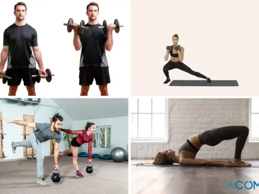 Hombres y mujeres entrenando para estar fuertes: levantando pesas, haciendo zancadas y ejercicios de equilibrio.