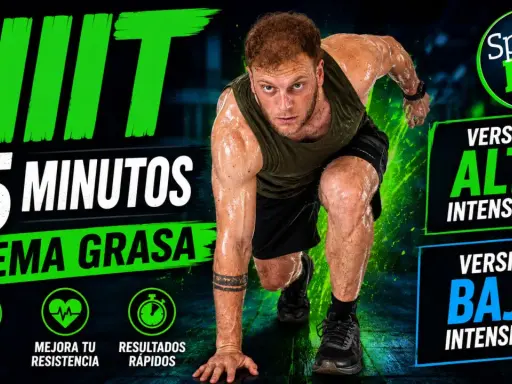 Hombre sudoroso en posición de carrera, listo para un circuito HIIT de 15 minutos. Promete quemar grasa y mejorar resistencia.