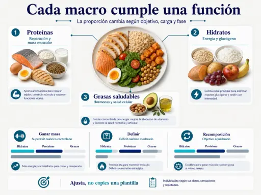 Plato con salmón, pollo, huevo, arroz, batata y aguacate. Guía sobre qué comer después de entrenar, enfocada en proteínas, hidratos y grasas.