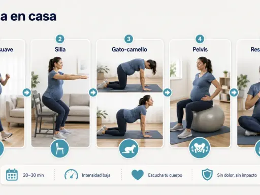 Rutina de entrenamiento para embarazadas en casa: marcha, sentadillas, gato-camello, pelvis y respiración.