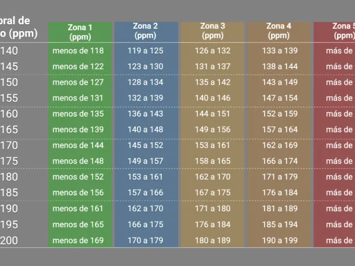 Tabla de umbrales de lactato (ppm) y zonas. Las pulsaciones corriendo se reflejan en los rangos de lactato, indicando diferentes niveles de esfuerzo.