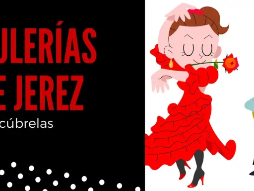 Ilustración de una bailaora flamenca con un vestido rojo y un guitarrista, con el texto "Bulerías de Jerez" y "Descúbrelas". ¡Perfecto para bulerías para bailar!