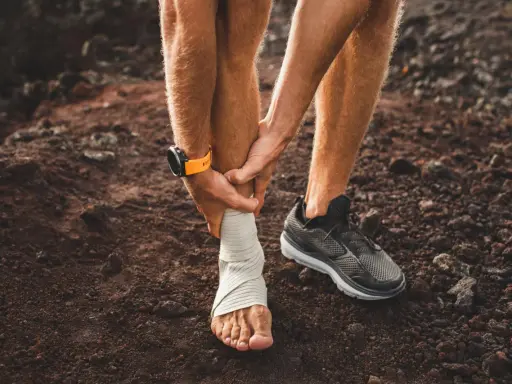 Corredor con tobillo vendado, sintiendo dolor espinilla al correr. Reloj deportivo naranja en muñeca.
