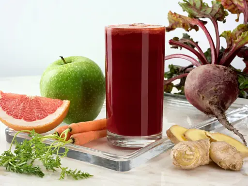 Vaso de zumo de remolacha vibrante rodeado de ingredientes frescos: remolacha, zanahorias, manzana verde, pomelo y jengibre.