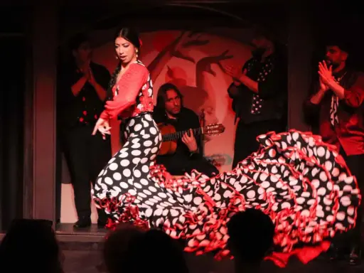 Bailarina flamenca con vestido de lunares, guitarrista y palmas. El sonido flamenco llena el ambiente.