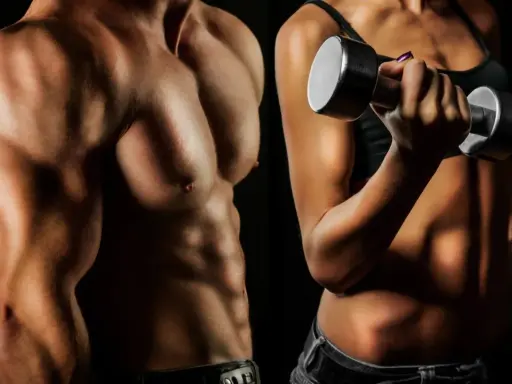 Torso masculino musculoso y mujer levantando pesa. Ilustra la diferencia entre tonificar y ganar masa muscular.