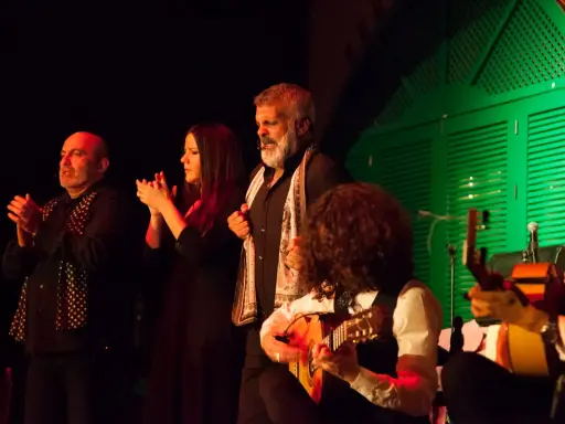 Artistas flamencos andaluces actuales en un escenario, con guitarras y palmas.
