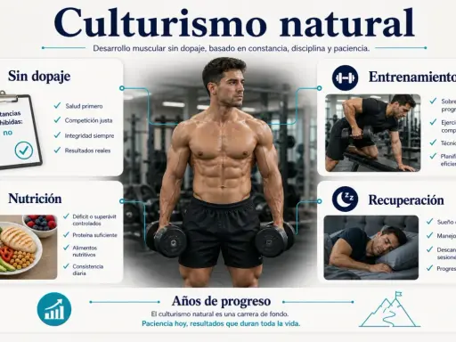 Hombre fitness natural con músculos definidos, rodeado de información sobre entrenamiento, nutrición y recuperación.