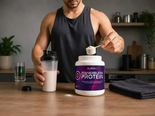 Hombre preparando batido de proteínas. El momento ideal para tomar proteínas es clave para tus objetivos.